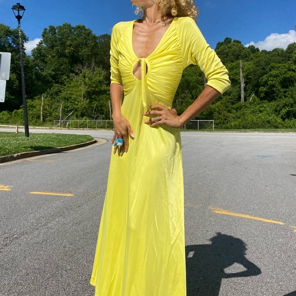 Vintage yellow keyhole jersey maxi disco dress S/M - Picture 2 of 12